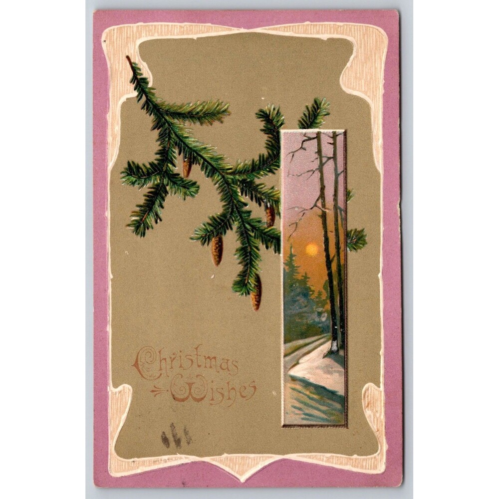Vtg 1912 Christmas Postcard Alfred Holzman Embossed Winter Pinecone Forwarded